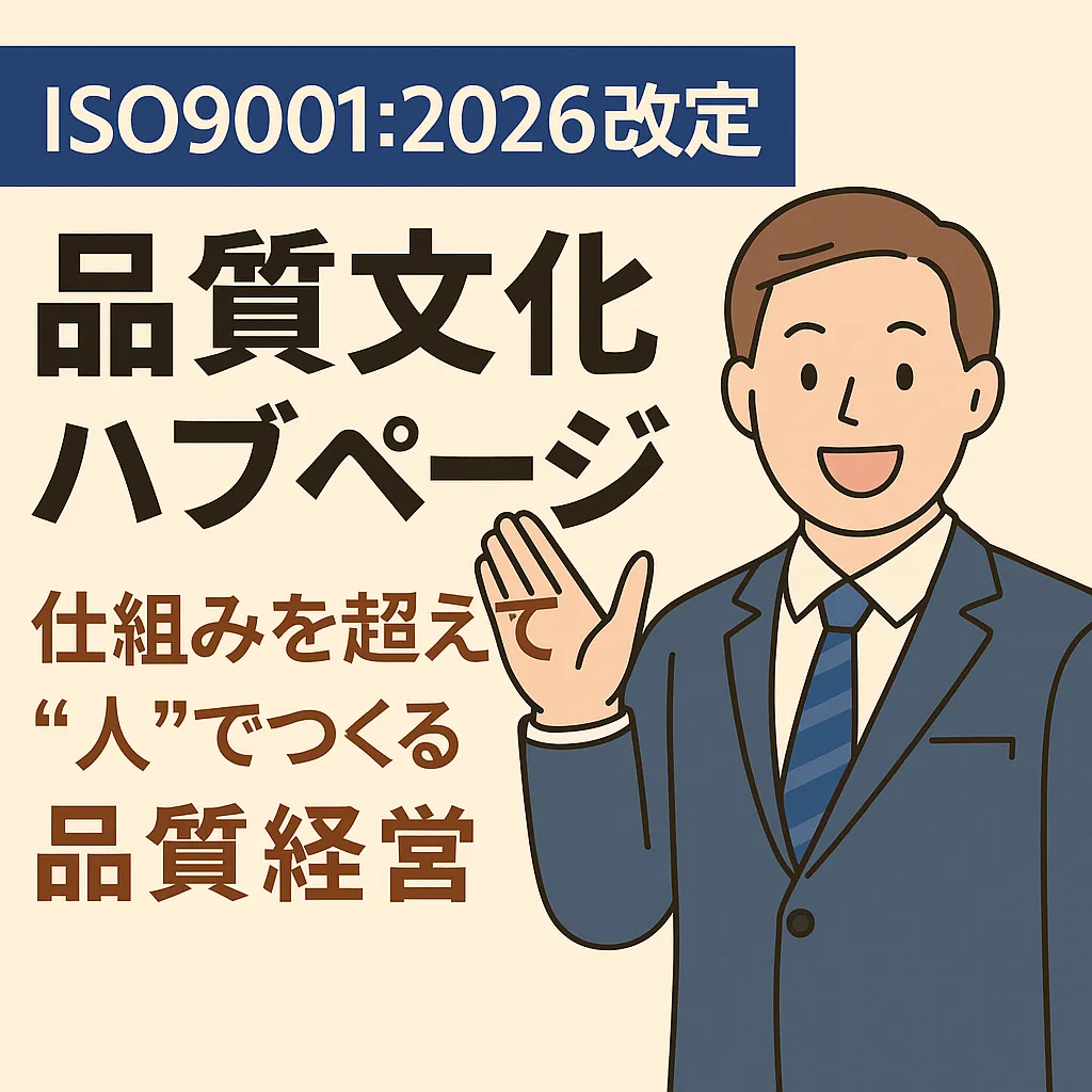 はじめに：ISO9001改定で注目される「品質文化」とは？ ISO9001:2026改訂版（国際規格原案DIS）は、2025年8月に正式発行されました。 今回の改定では、従来の「仕組み」「文書管理」を超えた新たな概念として、**「品質文化（Quality Culture）」**が明確に追加されています。 この「品質文化」は、単なるルールやマニュアル整備ではなく、社員一人ひとりの意識や行動が品質を支える文化そのものを指します。 本ページは、そんな**「品質文化」について総合的に学べるハブページ（まとめ記事）**です。 審査・コンサル現場で見えてきた実例や実践ステップを交えながら、「品質文化」をどう育て、どう経営に根づかせるかを解説します。 🏁 第1章：品質文化とは何か？ 【ISO9001:2026改定情報】品質文化とは？～ISO9001:2026改訂で注目される新しい考え方～ 👉 記事を読む ISO9001:2026で登場した「品質文化」という新概念を、背景・定義・追加の意図まで丁寧に解説。 なぜ今「文化」が重視されるのか？経営者と社員に求められる意識の転換とは？をわかりやすく紹介しています。 🏭 第2章：製造業における品質文化の実例 【ISO9001改定】製造業における品質文化の実例～“仕組み”から“意識”へ、現場に根づく品質のかたち～ 👉 記事を読む 現場の改善提案活動、品質ミーティング、工程内チェックなど、 「文化」がどう日常業務に息づいているかを実例で解説。 「仕組みはあるが、文化にならない」企業との違いも明確に描かれています。 🌱 第3章：品質文化を根づかせる実践ステップ 品質文化を根づかせる5つの実践ステップ～“仕組み”を超えて、“人”を育てる品質経営へ～ 👉 記事を読む 品質文化を実際に根づかせるための5ステップを紹介。 「見える化」「対話」「承認」「改善」「継続」という行動プロセスを、 中小企業でも取り入れやすい形で整理しています。 ⚠️ 第4章：品質文化を阻む3つの落とし穴 品質文化を阻む3つの落とし穴とその乗り越え方～“形はあるのに、文化にならない”原因とは～ 👉 記事を読む 「ルール化しただけで満足」「現場が動かない」「経営層の関与が薄い」── そんな“形だけのISO”に陥らないための注意点を、審査・コンサル経験から具体的に解説します。 🔍 まとめ：品質文化は“経営の土壌”づくり 品質文化とは、単にISOの一部を指すものではなく、**経営と人づくりを結びつける「土壌」**です。 制度や手順書よりも、日々の行動・対話・信頼の積み重ねこそが品質文化を形成します。 ISO9001:2026改定をきっかけに、自社の“文化づくり”としてのISO運用を見直してみてはいかがでしょうか。 🧭 次の一歩：無料の「一日診断」で現状を見える化 「自社の品質文化がどの段階にあるのか知りたい」 「ISOを“運用負担”ではなく“経営の強み”に変えたい」 そんな企業様には、令和グループの無料一日診断がおすすめです。 現役審査員・コンサルタントが、貴社の現状を客観的に分析し、改善のヒントをお伝えします。 👉 無料一日診断の詳細はこちら